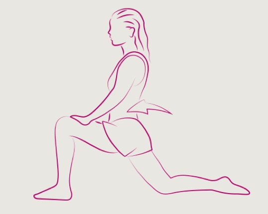 Moteris, daranti įtūpstą; priekyje esanti koja sulenkta 90 laipsnių kampu.